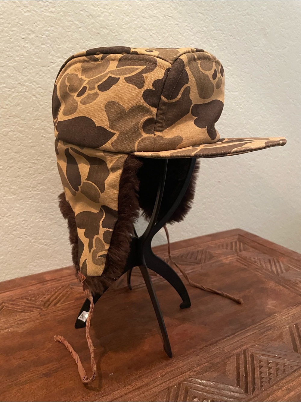 Vintage Duxbak Duck Camo Ear Flap Hunting Hat Trapper Cap Insulated USA